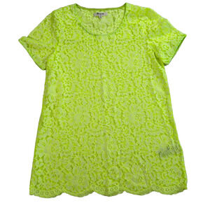 Madewell Neon Green Lace Tunic Top Womens X-Small Short Sleeve Scallop Hem Sheer